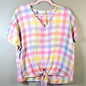 Charter Club Luxury Linen Colorful Plaid Tie-Front, Vneck Top. XL